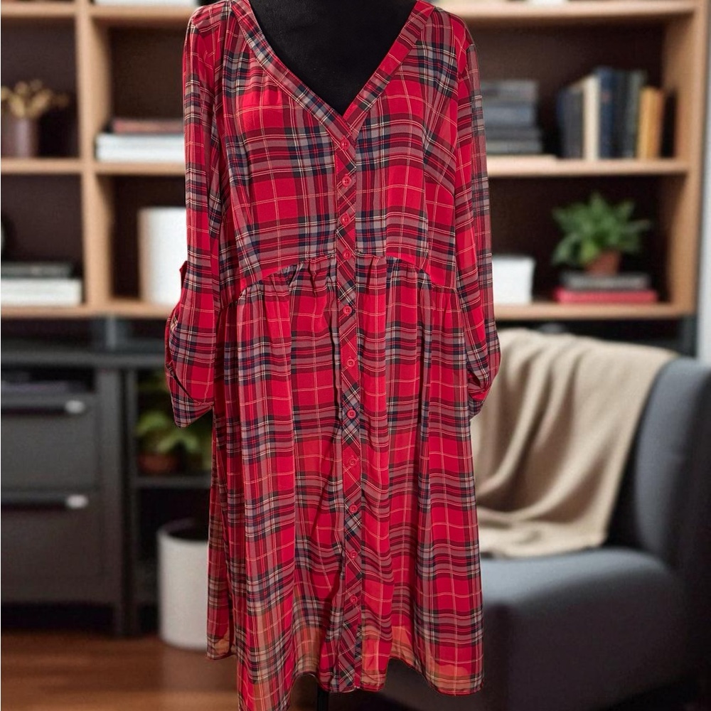 Torrid Elegant Red Plaid Long Sleeve Dress